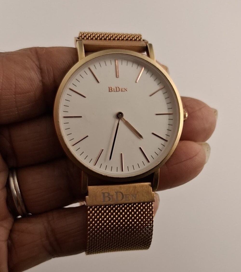 BIDEN Rose Gold Mesh Strap Watch Ultra Thin White Dial Minimalist Unisex Modern